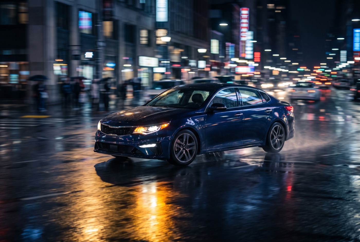 Sleek dark blue sedan driving on a wet city street at night