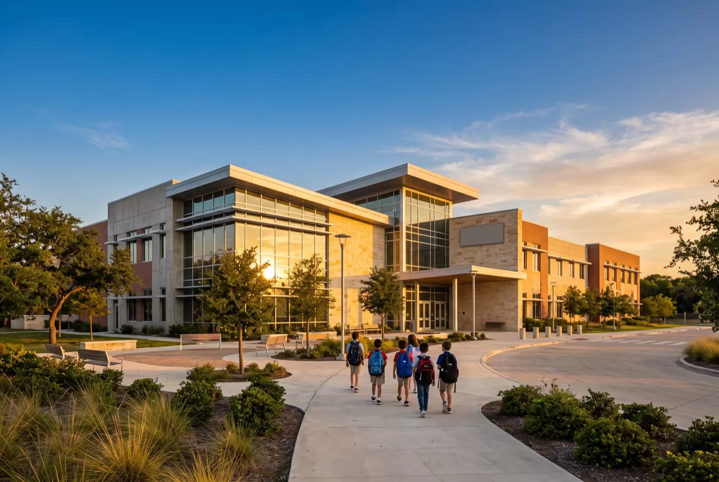 Students walking toward a modern school building at golden hour