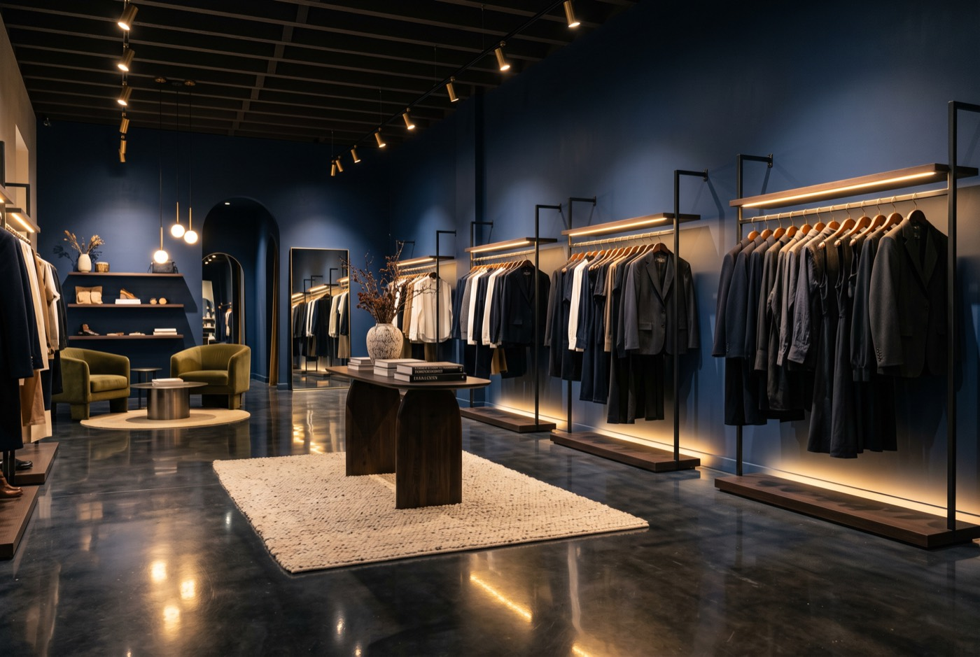Upscale fashion boutique with navy walls and tailored garments under warm lighting