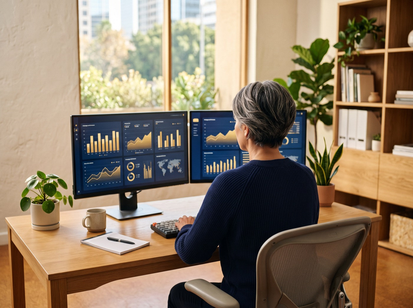 Experienced media strategist reviewing campaign performance dashboards on two monitors