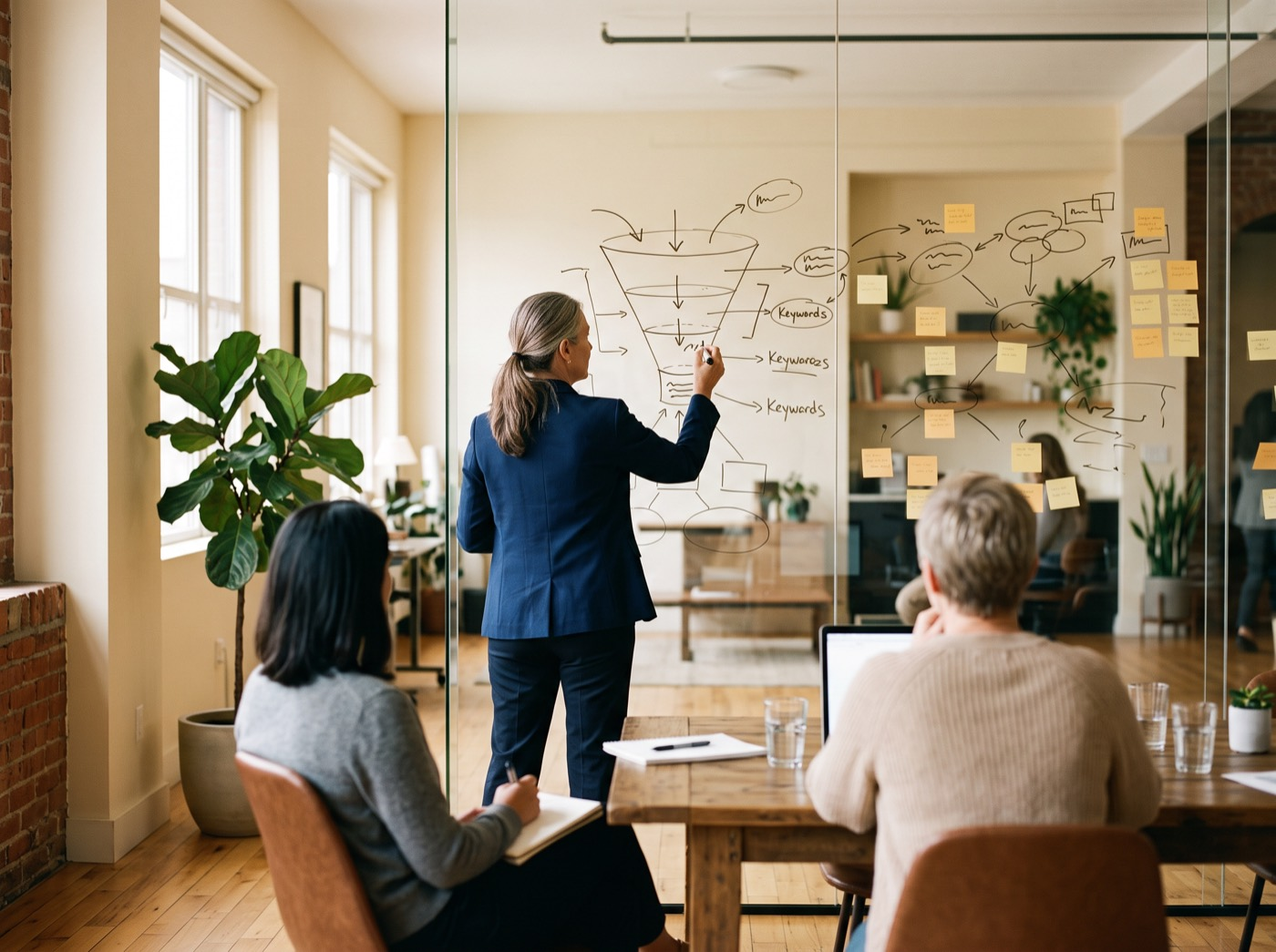 Senior strategist mapping a search funnel and keyword clusters on a glass whiteboard