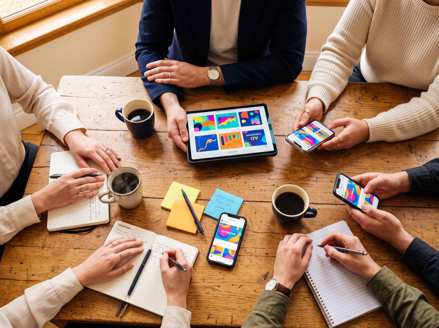 A team reviewing social media ad creative on phones and a tablet around a wooden table