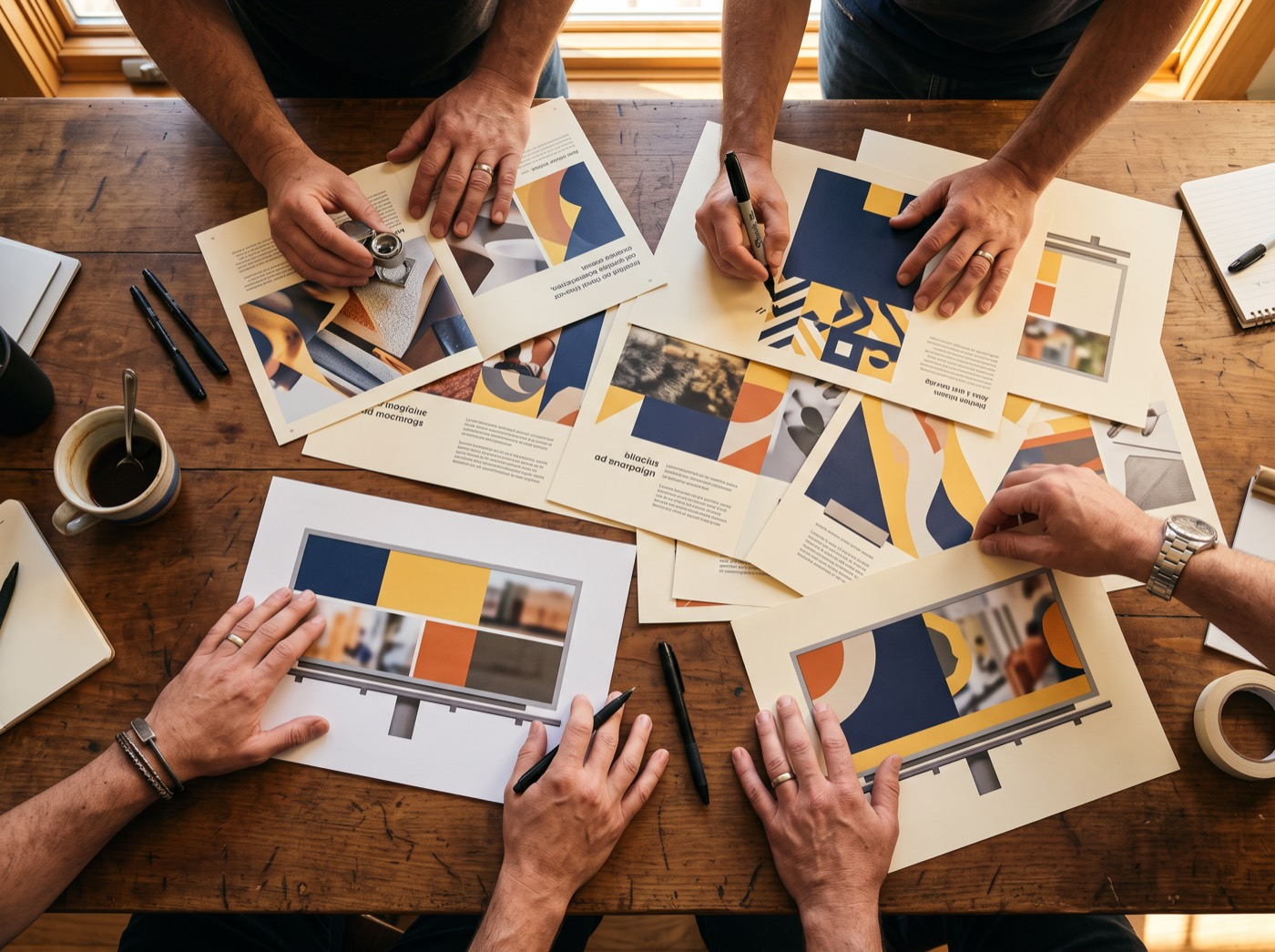 Creative team reviewing printed ad layouts and billboard mockups spread across a table